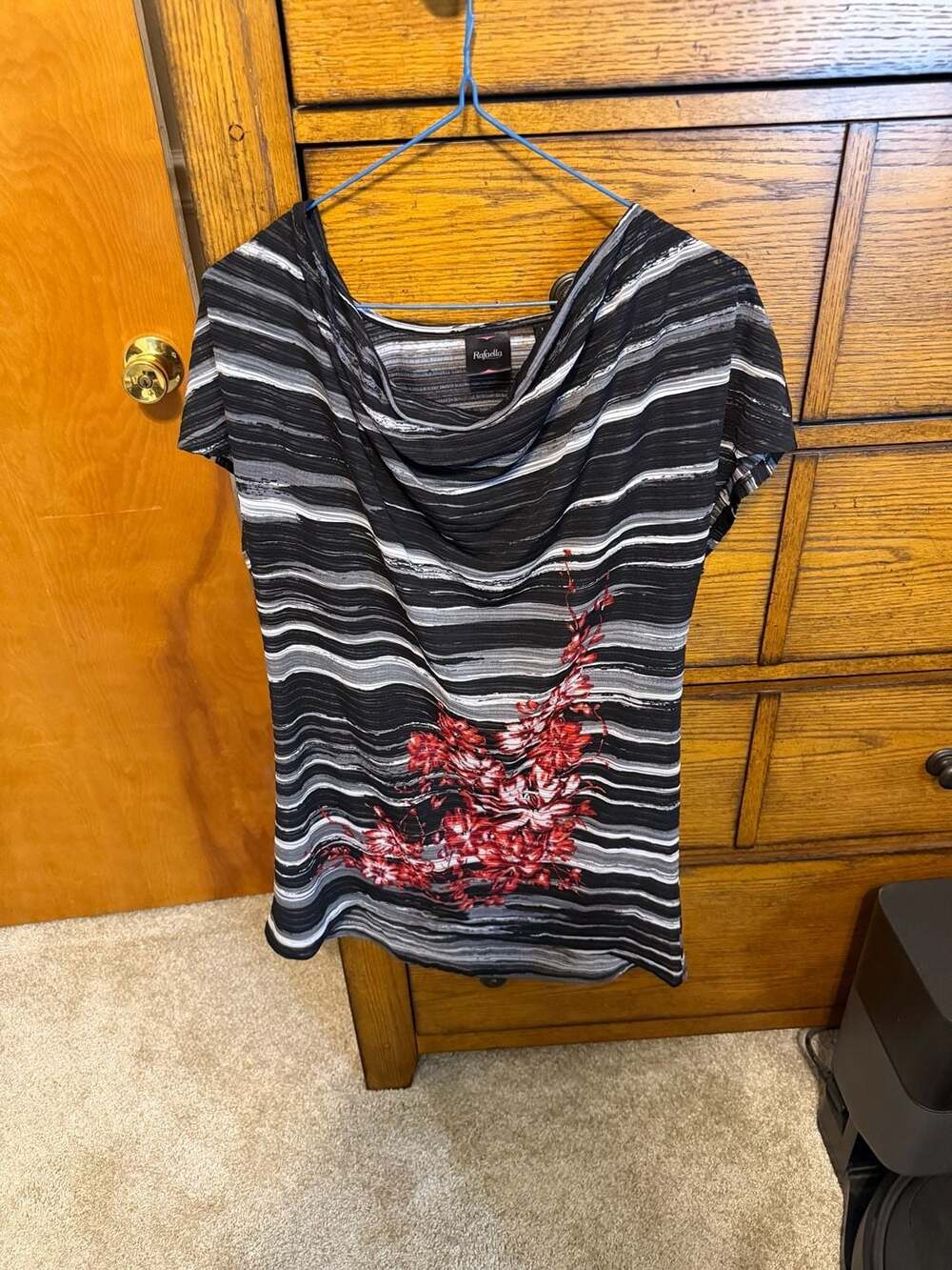 Rafaella Womens Cowl Neck Short Sleeve Striped Floral Knit Top Size L